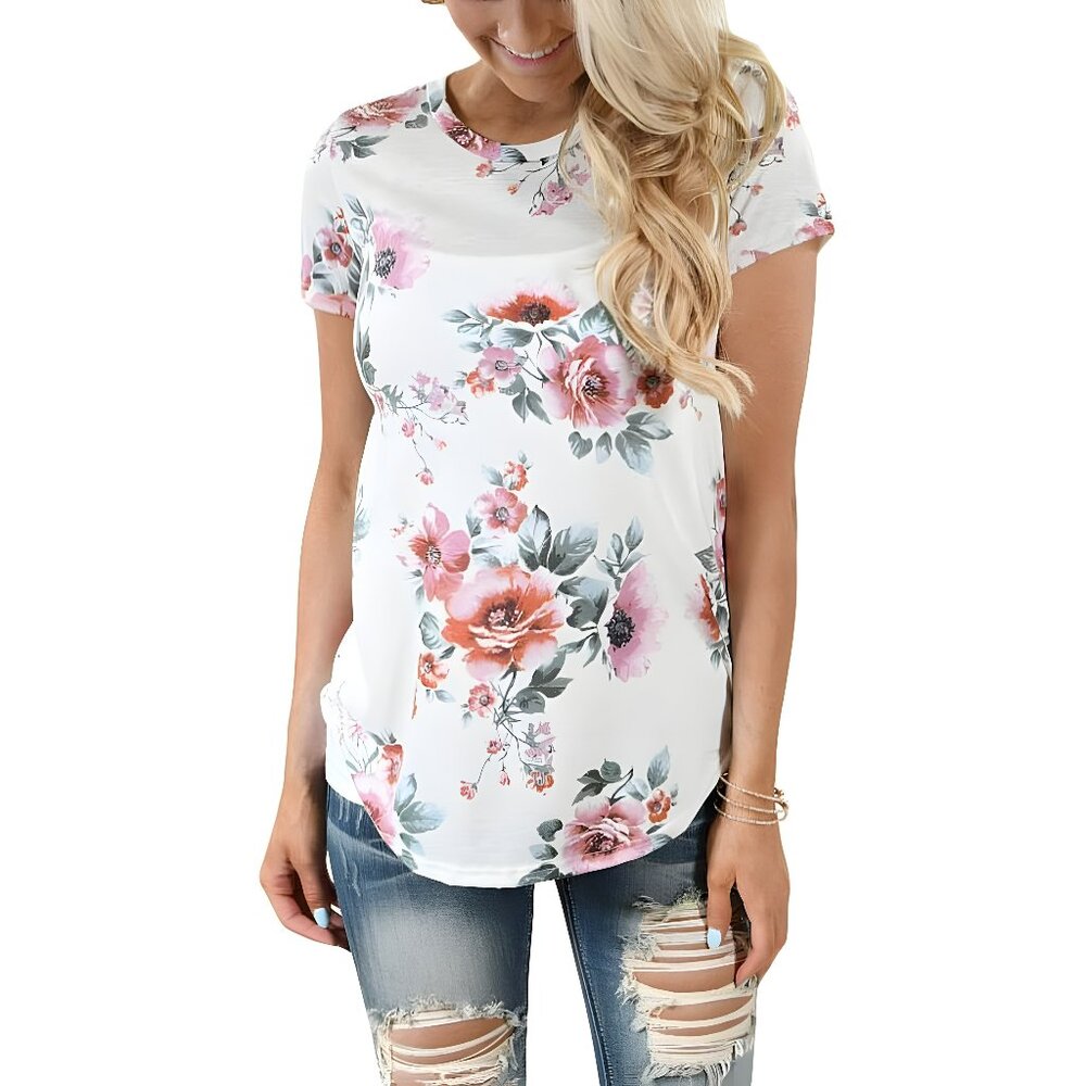 In Due Time Maternity White Pink Floral Dress T-Shirt Tee Short Sleeve Top XL